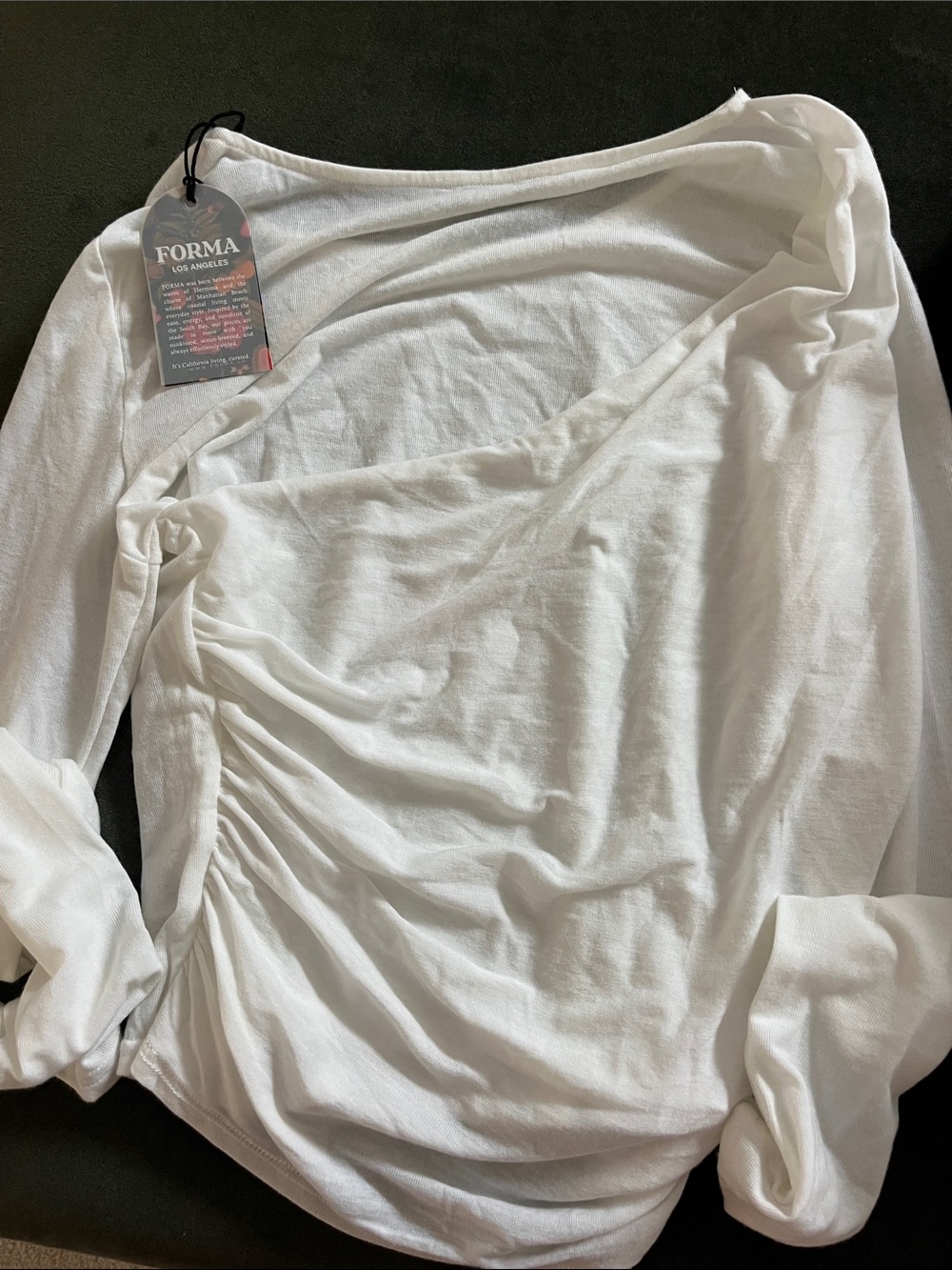 White Long-Sleeve Side-Ruched Blouse